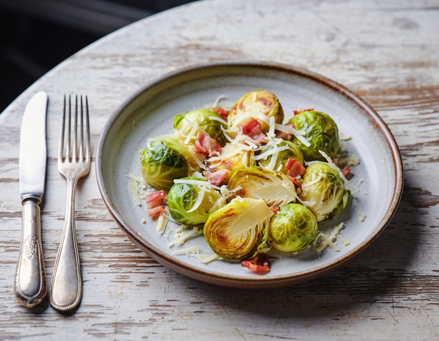 Choux de Bruxelles rôtis, fromage et lardons