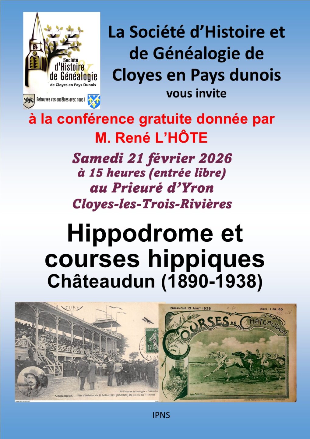 Conférence Hippodrome et courses hippiques à Châteaudun (1890-1938) Prieuré d’Yron Cloyes-les-Trois-Rivières 2026-02-21 Conférence Hippodrome et courses hippiques à Châteaudun (1890-1938)