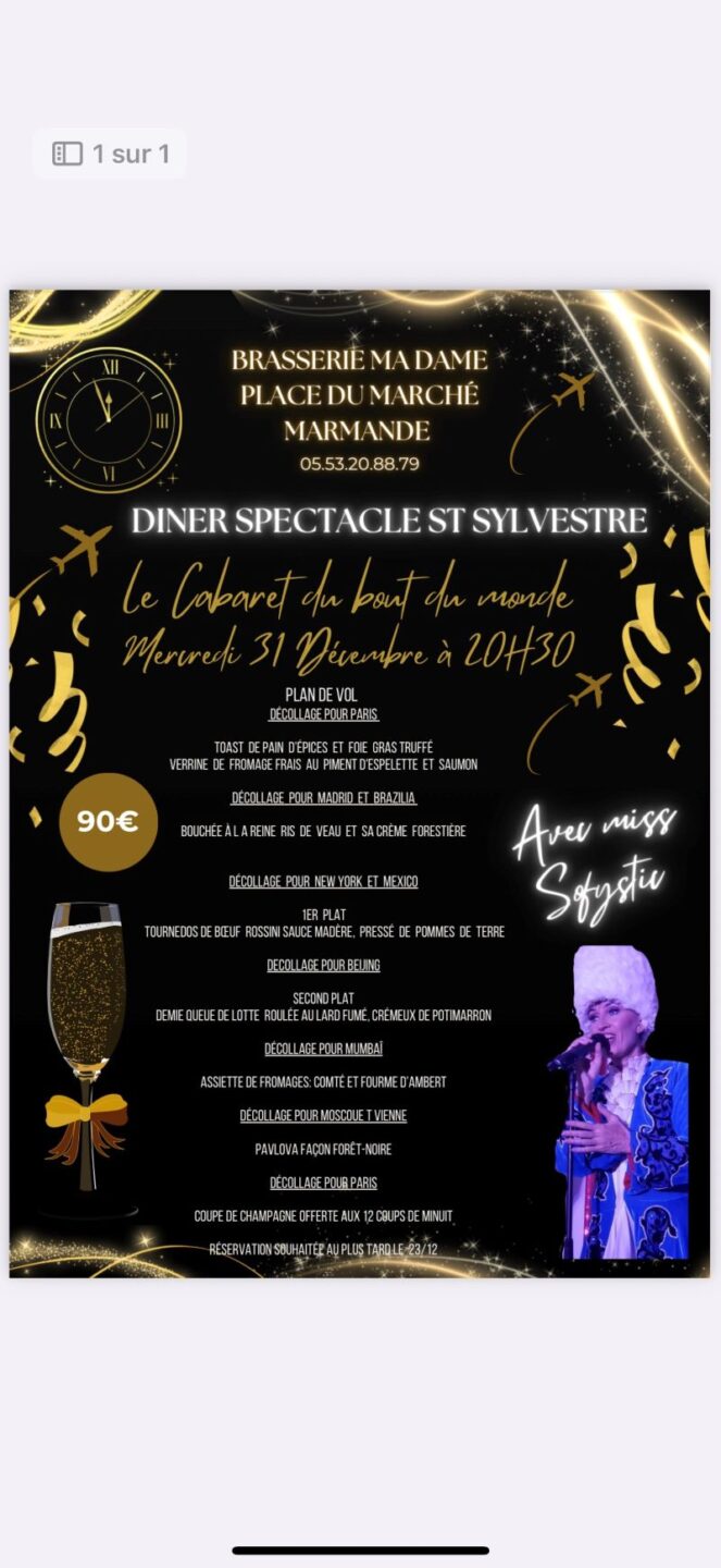 Diner spectacle Saint Sylvestre à la Brasserie Ma Dame