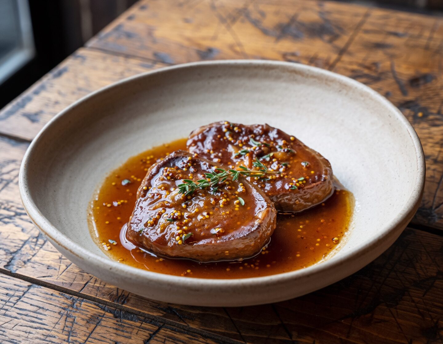 Joue de porc braisée longuement au vin rouge et au thym