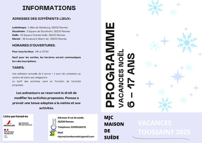 Le programme des vacances de Noël est disponible ! MJC maison de suède Rennes