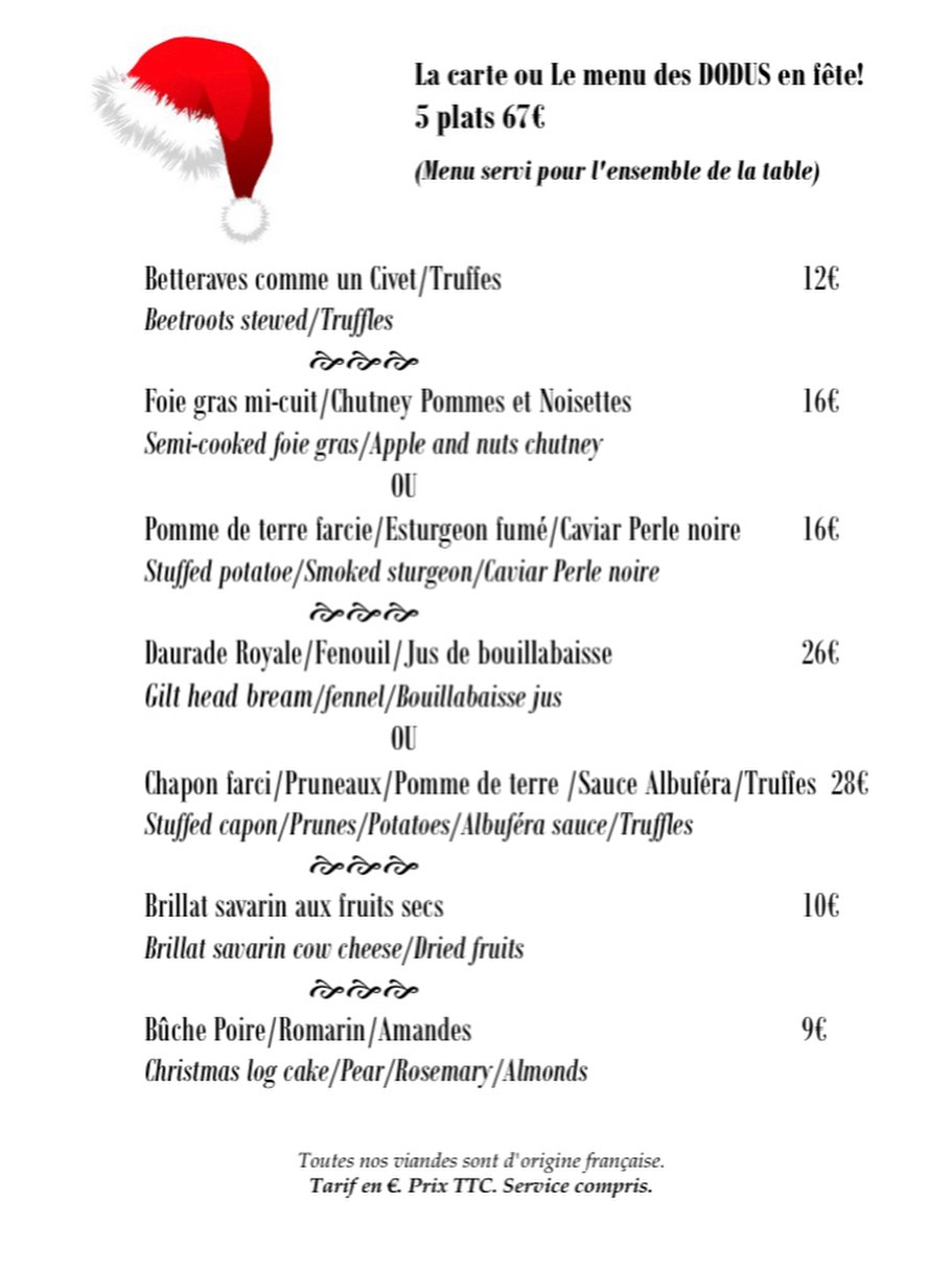 Menu de Fêtes du restaurant Les Dodus