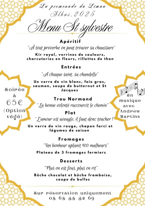 Menu de la Saint-Sylvestre au restaurant la Promenade du Limau