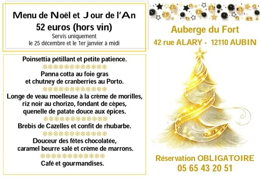 Menu de Noël et Jour de l'an à l'Auberge du Fort
