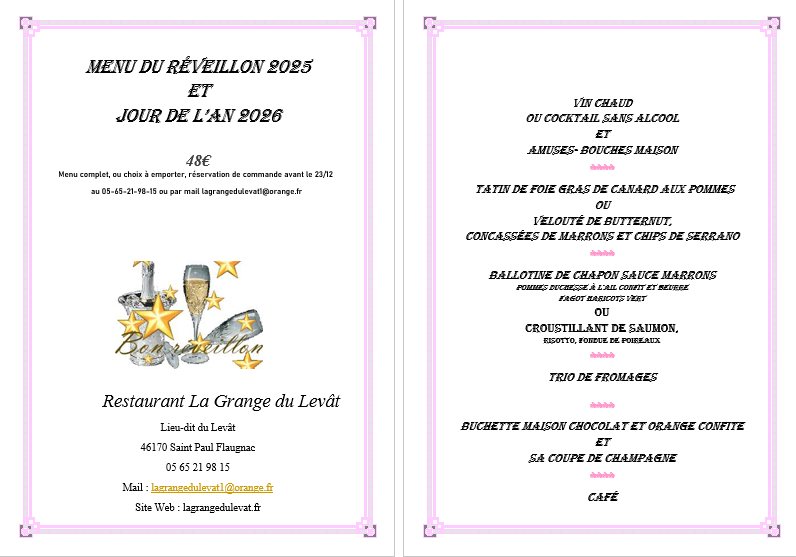 Menu de reveillon à la Grange du Levat