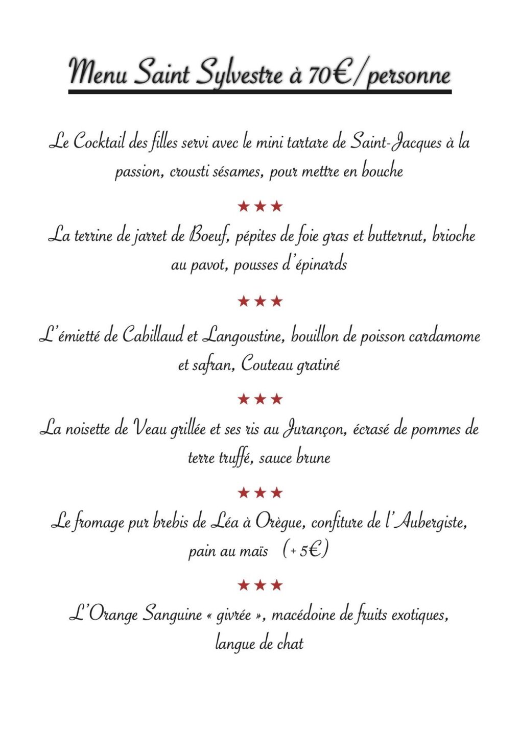 Menu des fêtes L'Auberge du Pas de Vent (Midi)