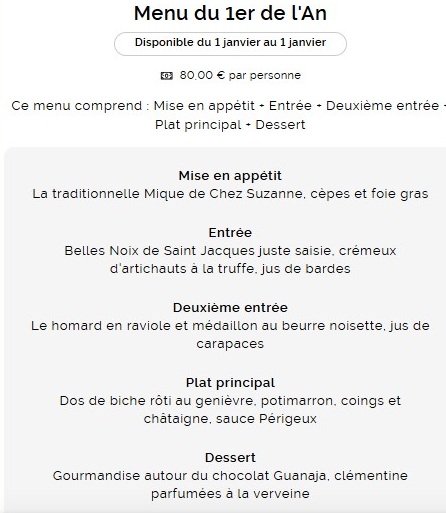 Menu du premier de l'an au restaurant Chez Suzanne