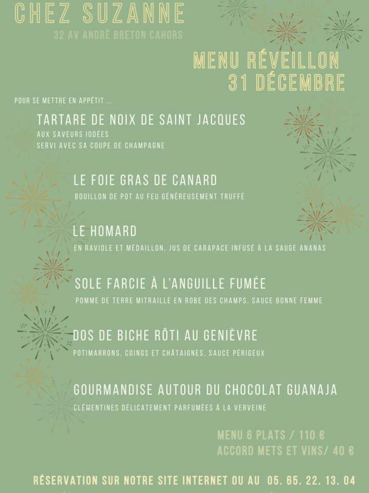 Menu du réveillon de la Saint-Sylvestre au restaurant Chez Suzanne