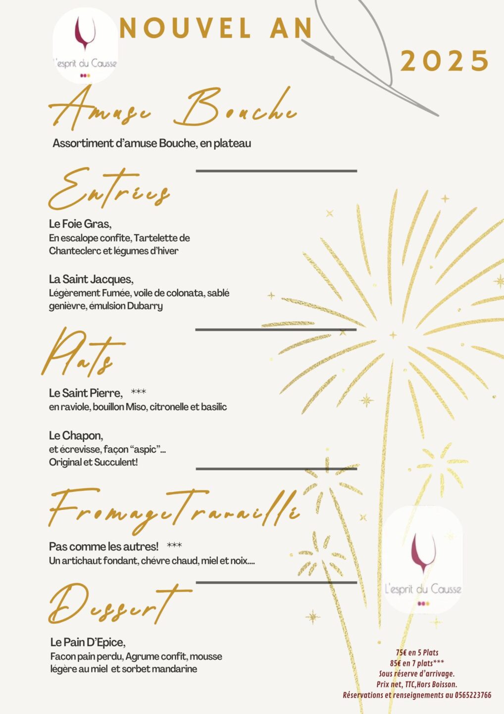 Menu du réveillon du Nouvel An à l'Esprit du Causse