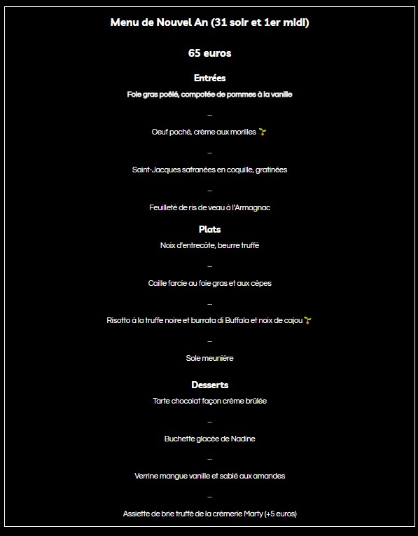 Menu du Réveillon et du Nouvel An à la Petite Auberge