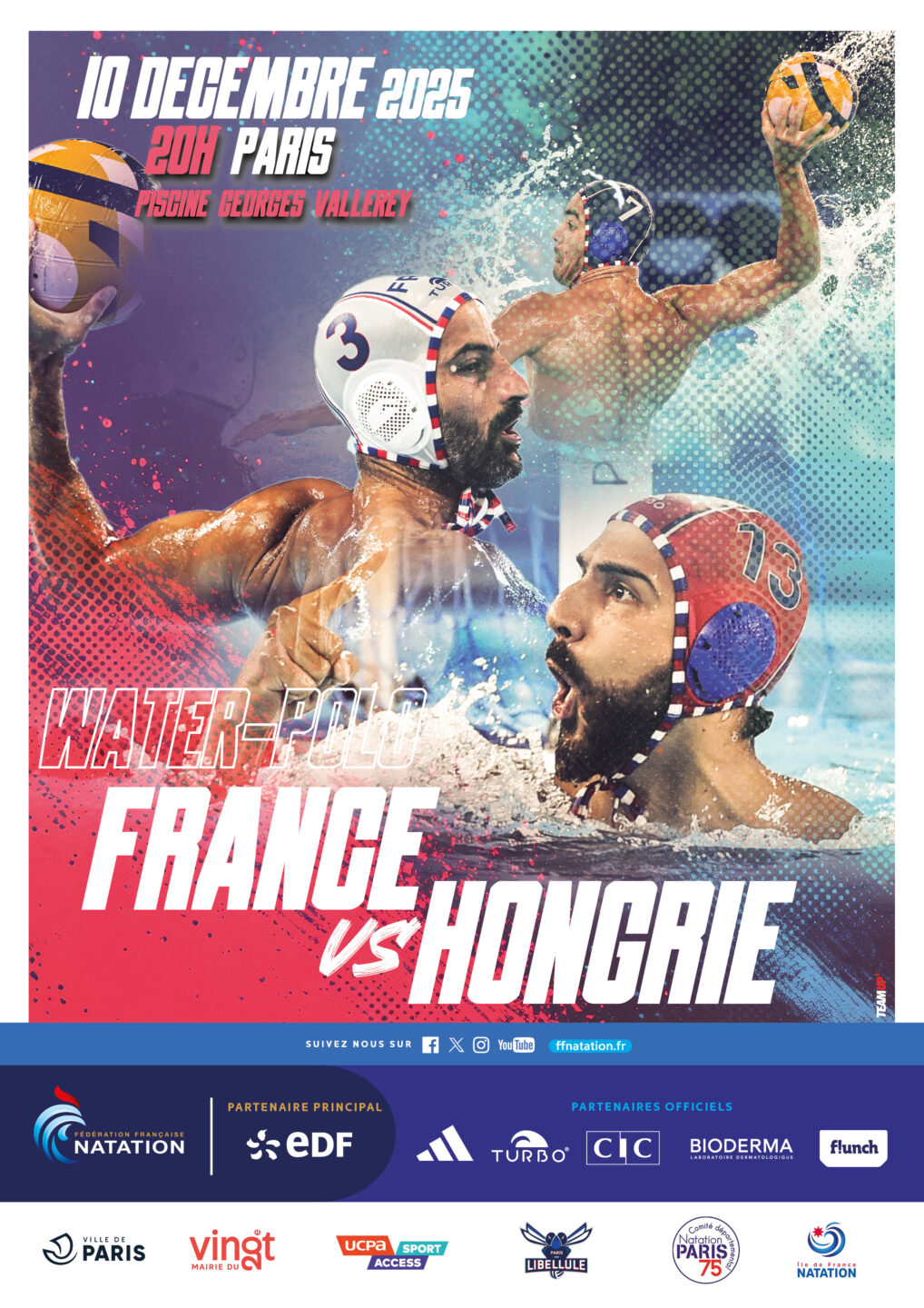 Affiche France-Hongrie Water-polo à la piscine Georges Vallerey (20e).