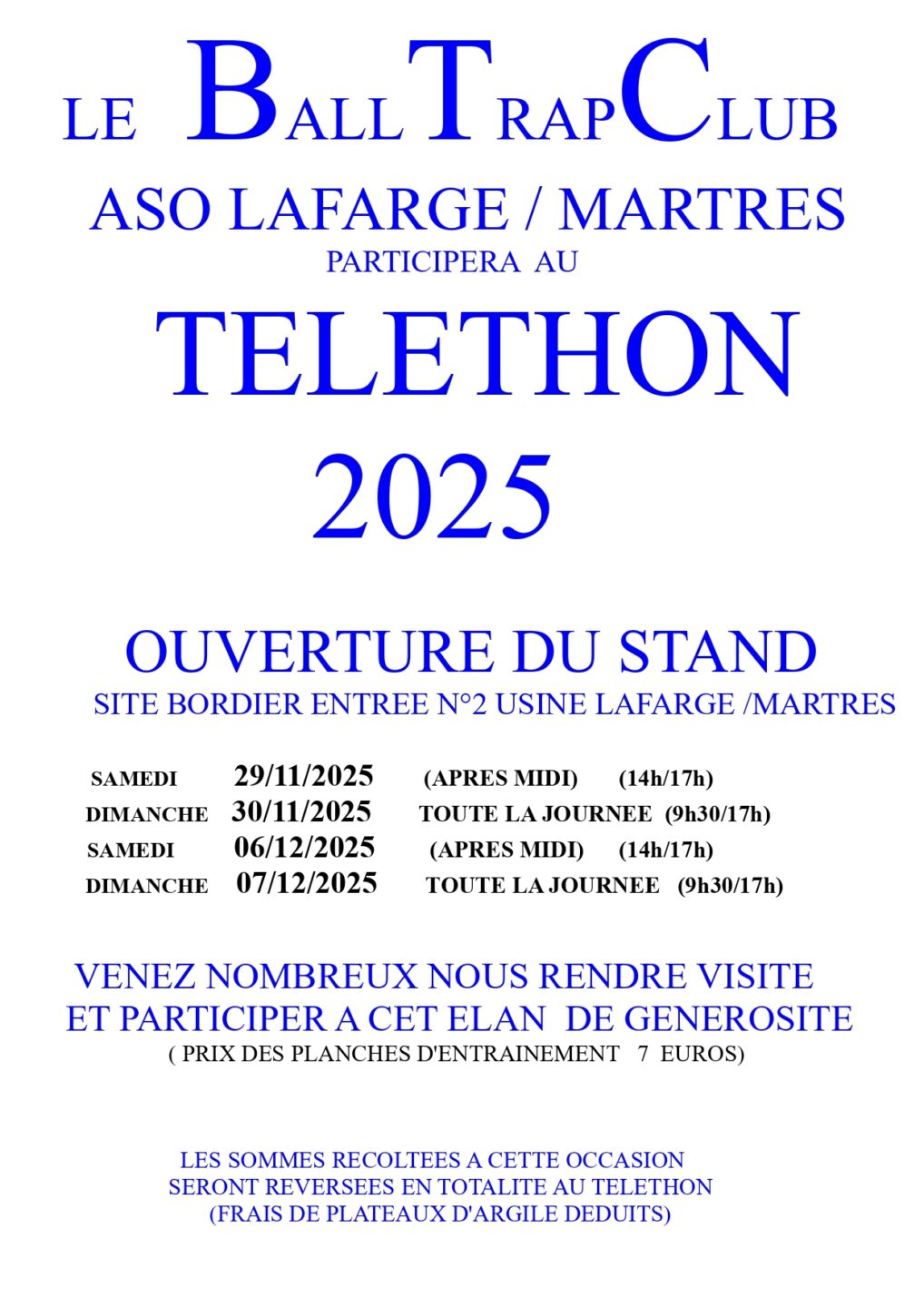 TÉLÉTHON BALL TRAP DÉCOUVERT INITIATION TIR DE PLATEAUX D'ARGILE