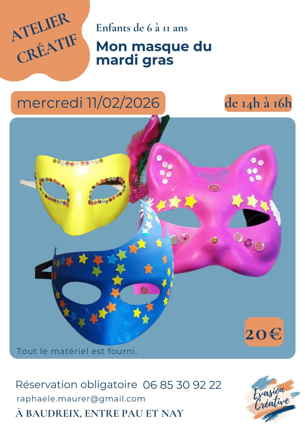 Atelier créatif Crée ton masque de carnaval à Baudreix