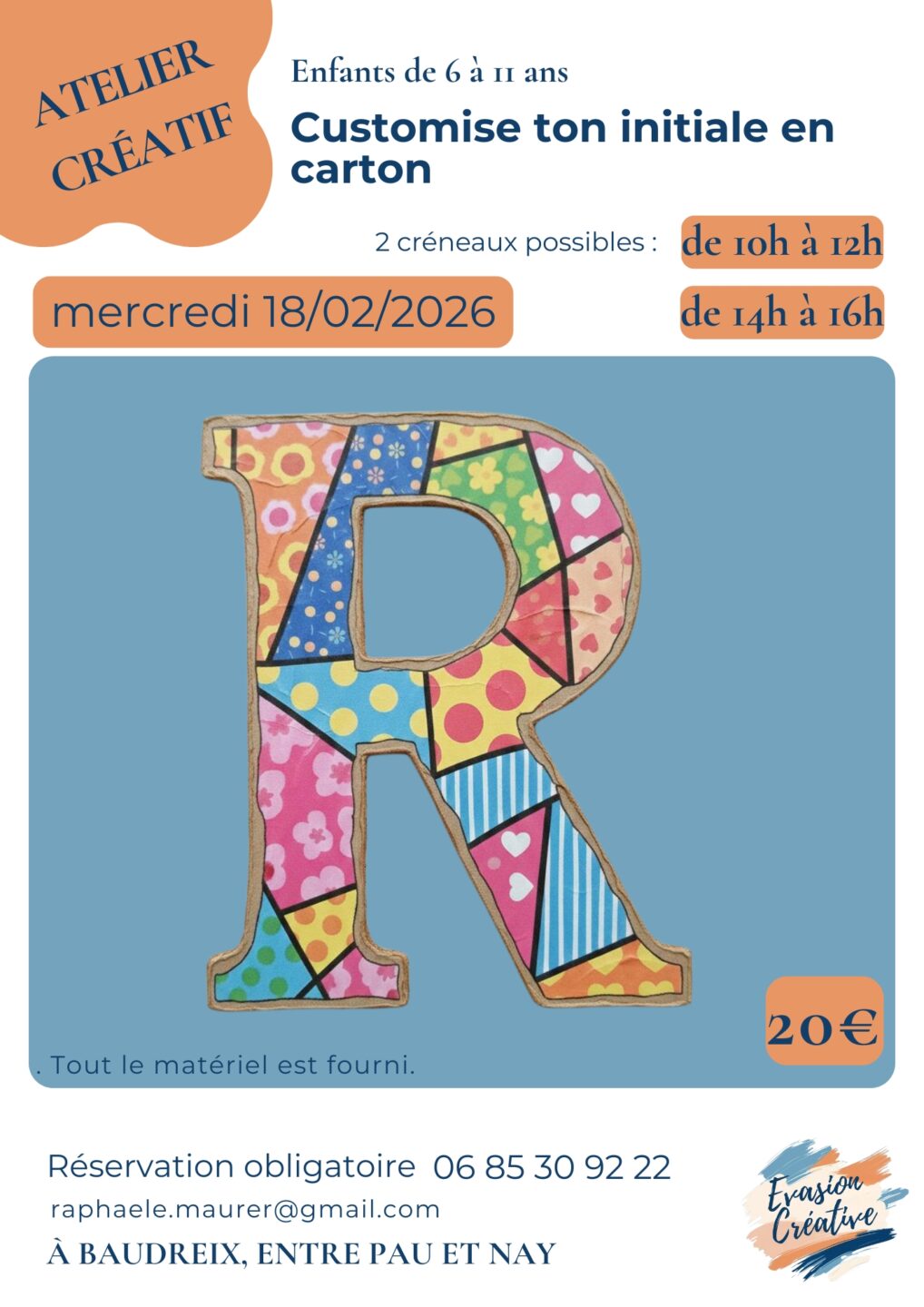 Atelier créatif Customise ton Initiale en carton à Baudreix