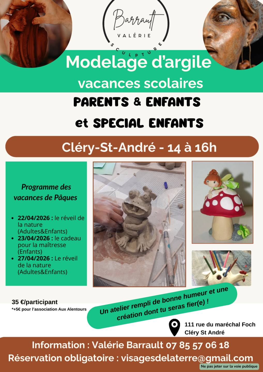 Atelier de modelage d'argile Adultes&Enfants à Cléry thème le réveil de la nature
