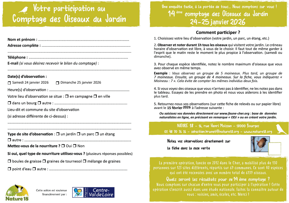 Comptage nationnal des oiseaux de jardins