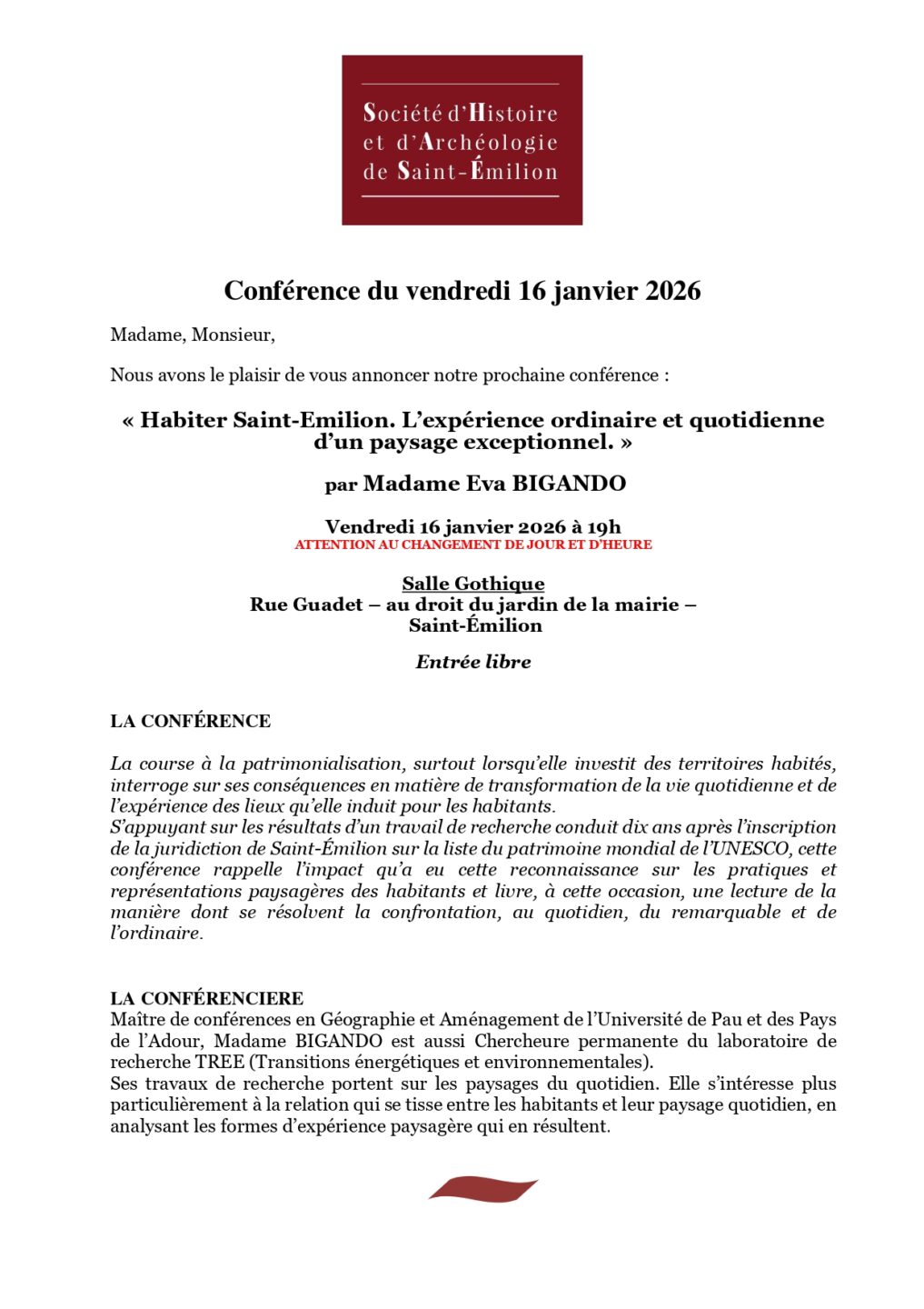 Conférence Eva BIGANDO Habiter Saint-Emilion. L’expérience ordinaire et quotidienne d’un paysage exceptionnel.