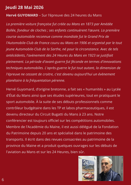 Conférence Hervé GUYOMARD Sur l’épreuve des 24 heures du Mans