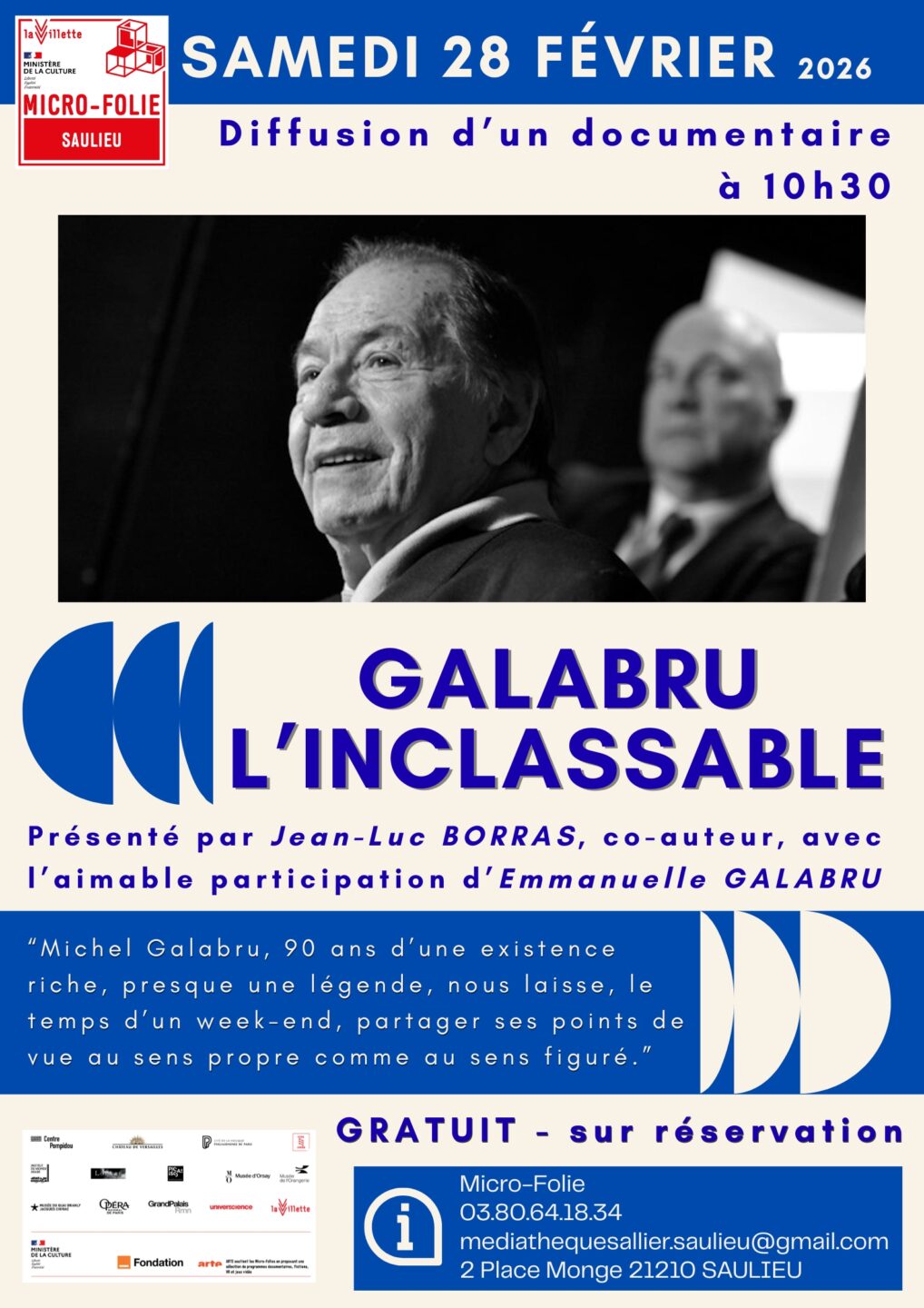 Diffusion du documentaire Galabru l’inclassable Samedi 28 février à la Micro-Folie de Saulieu Micro-Folie de Saulieu Saulieu 2026-02-28 Diffusion du documentaire Galabru l'inclassable Samedi 28 février à la Micro-Folie de Saulieu
