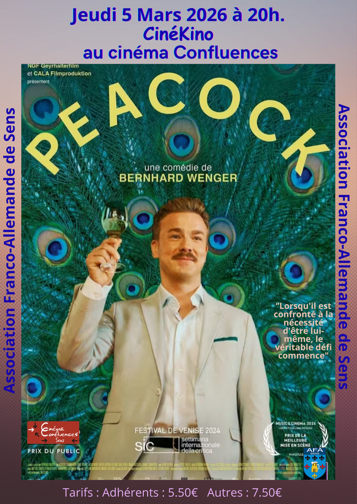L’Association Franco-Allemande de Sens présente « Peacock » (2024) film de Bernhard Wenger au cinéma Confluences de Sens le jeudi 5 Mars 2026 à 20h. Cinéma Confluences Sens
