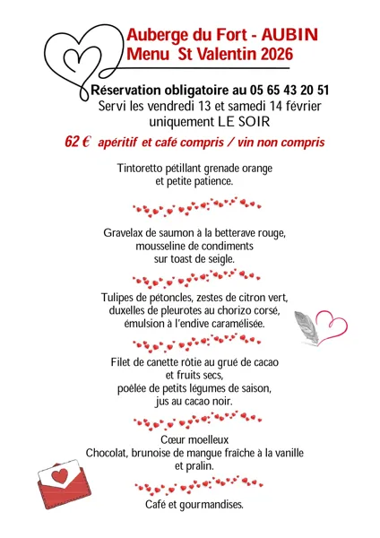 Menu de la Saint Valentin à l'Auberge du Fort