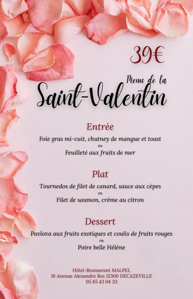 Menu de la Saint Valentin à l'Hôtel restaurant Malpel