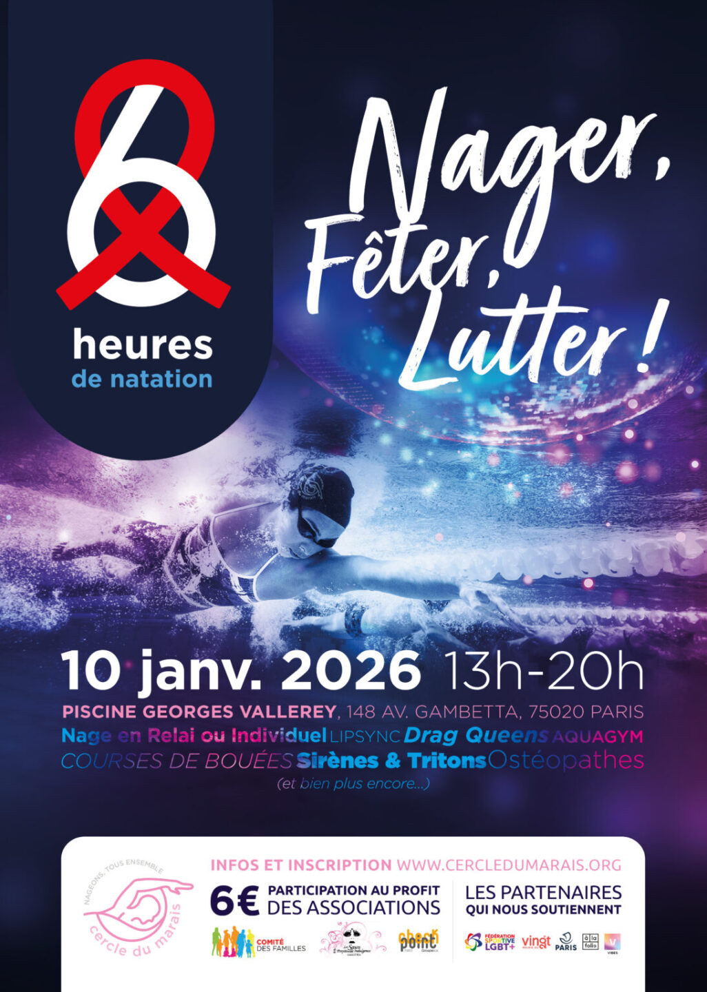 Affiche de l'événement 6h de natation à la piscine Georges Vallerey.