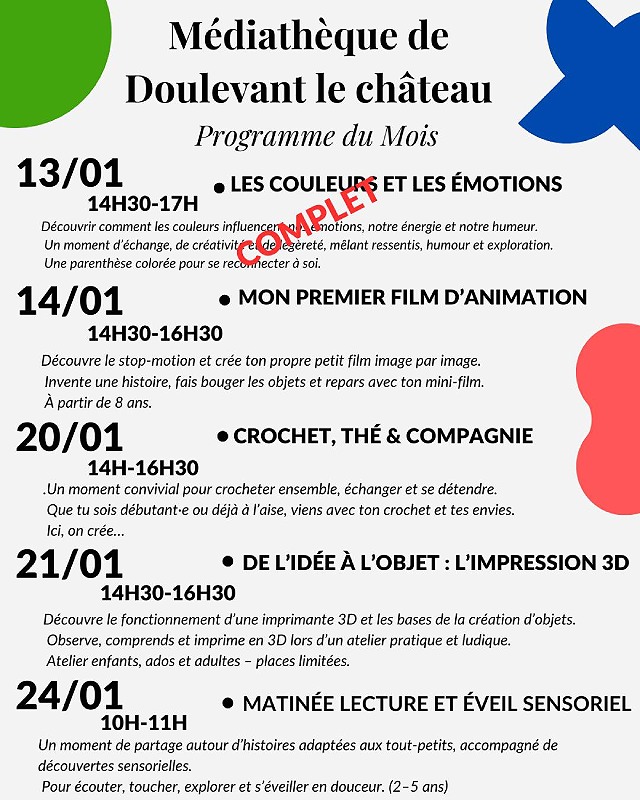 programme de janvier médiathèque de Doulevant-le-Château