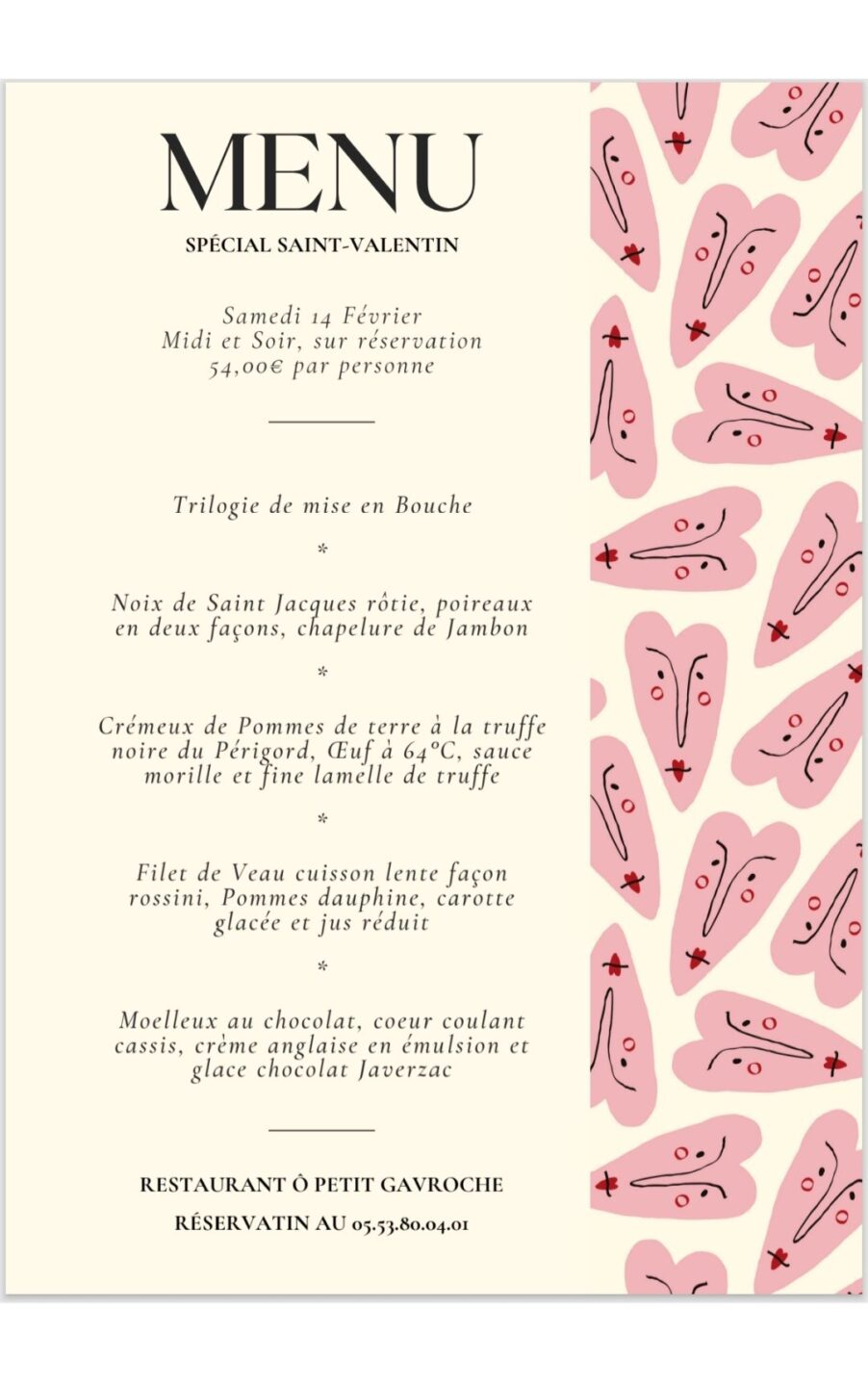 Repas de la St Valentin Restaurant O Petit Gavroche