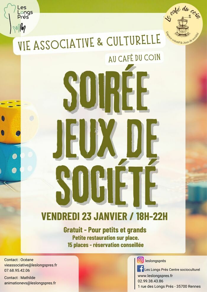 Soirée jeux pour tous au Café du Coin Centre socioculturel Les Longs Prés Rennes