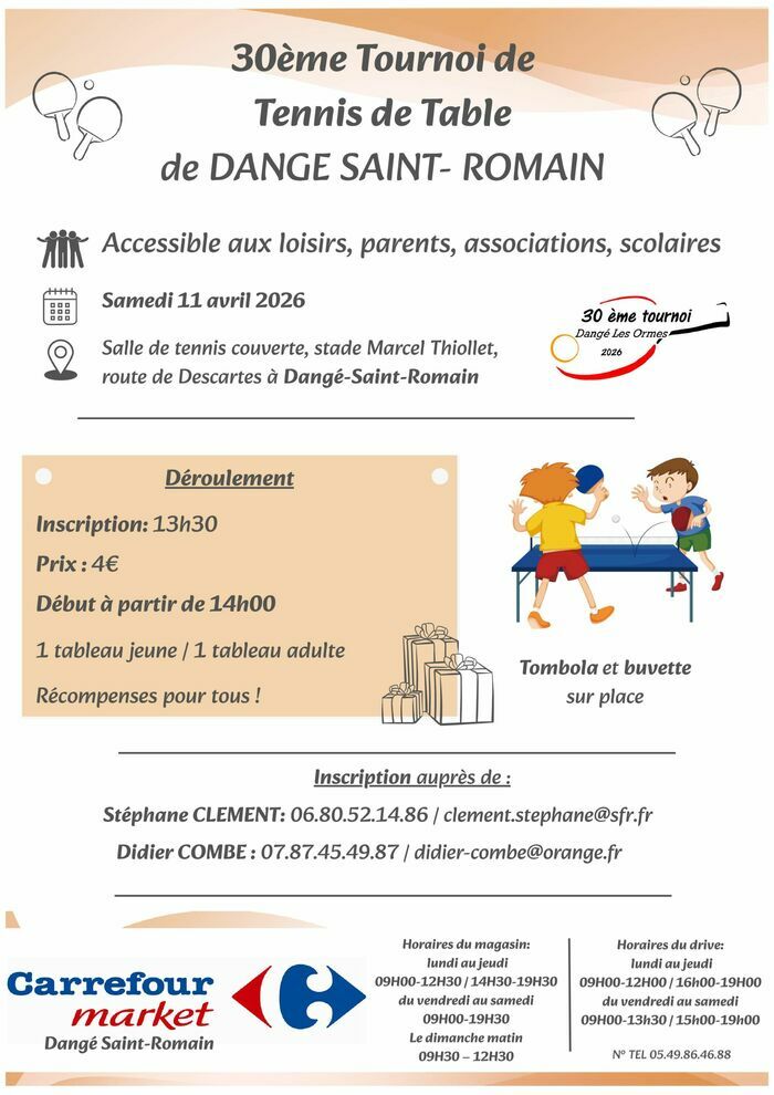 30ème TOURNOI DU TENNIS DE TABLE LOISIRS LE 11/04