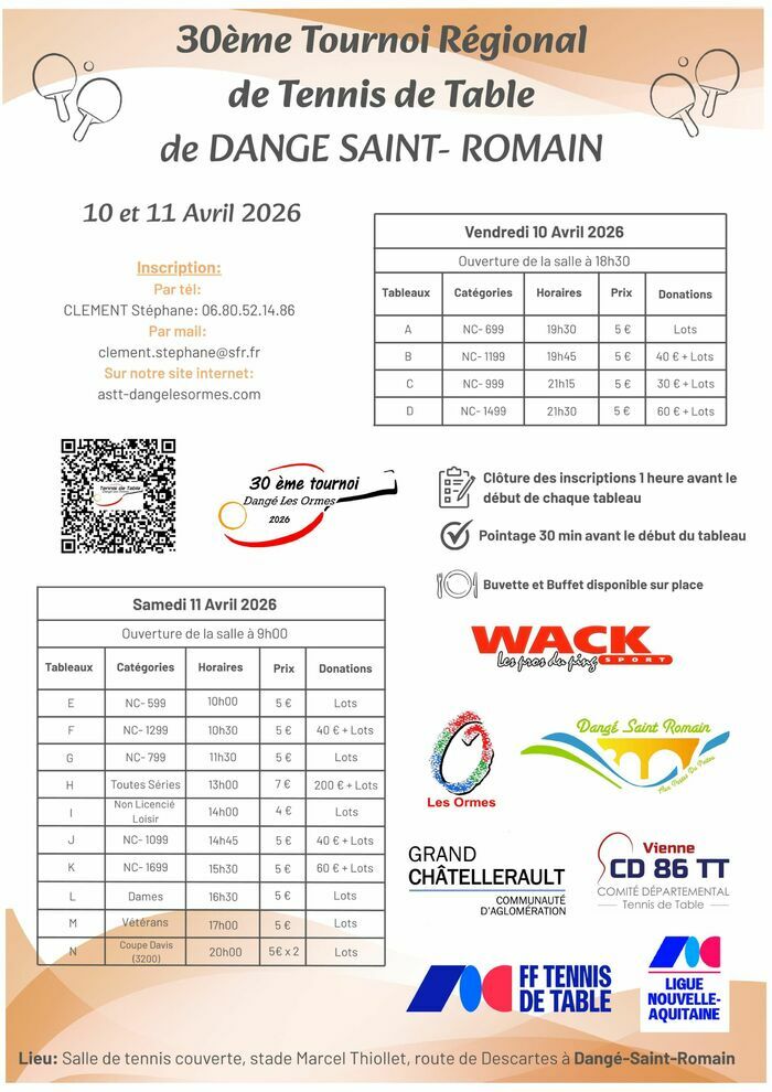 30ème TOURNOI RÉGIONAL DE TENNIS DE TABLE LES 10 et 11/04