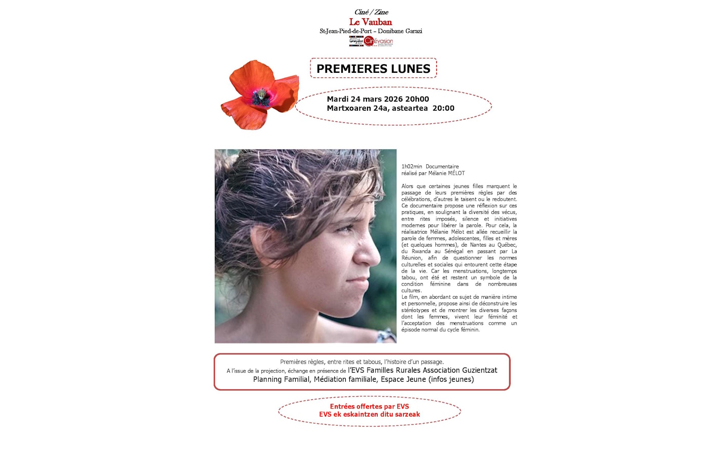 Ciné-rencontre Premières lunes. En présence de l’EVS Familles Rurales Association Guzientzat Planning Familial