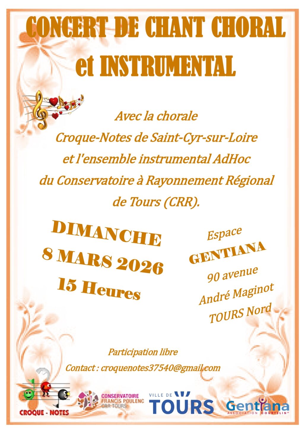 Concert de chant choral et instrumental avec la chorale Croque-Notes de Saint-Cyr-sur-Loire et les ensembles Ad Hoc du Conservatoire de Tours et Dodécadanse du