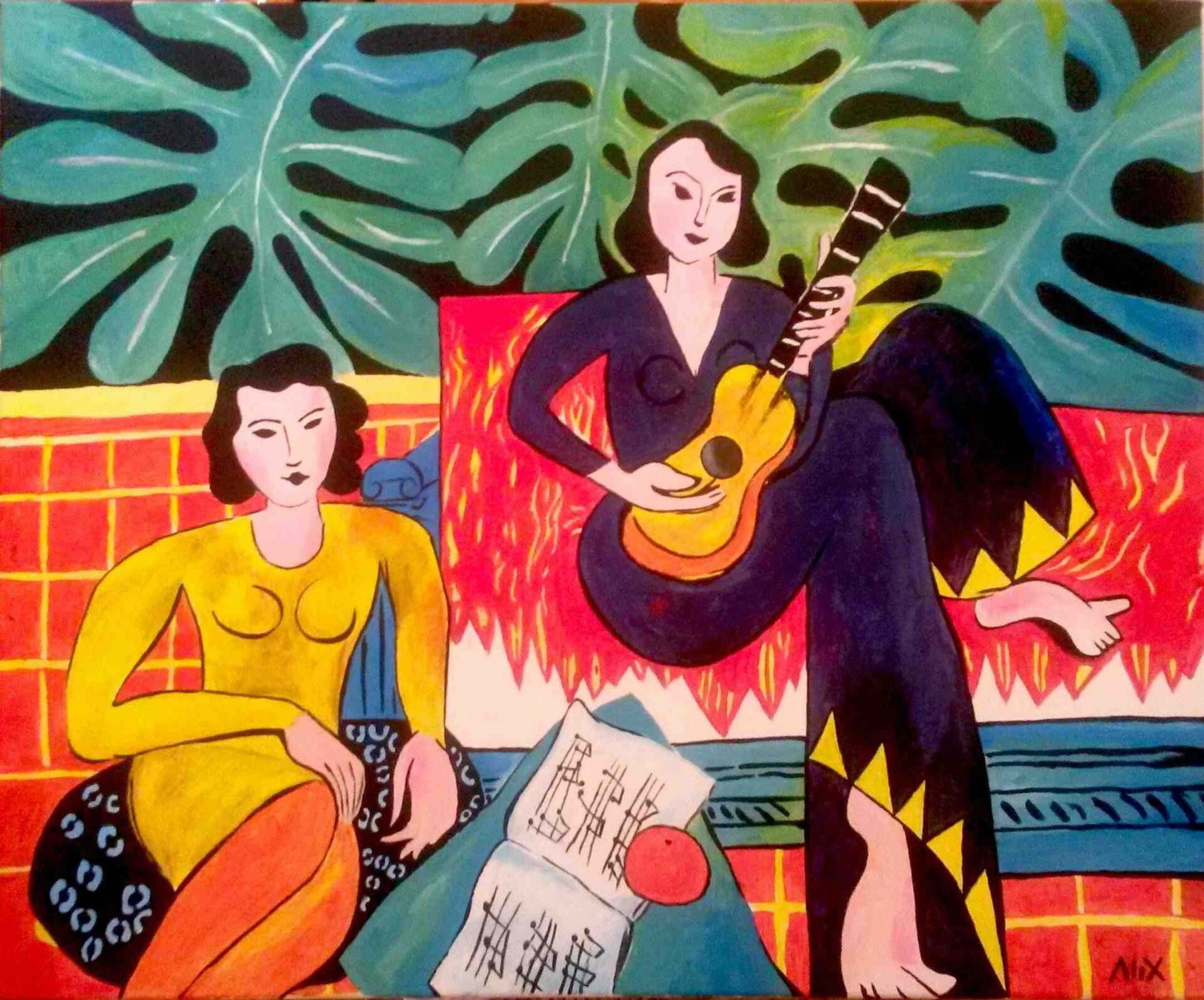 Henri Matisse dans son atelier regardant ses compositions