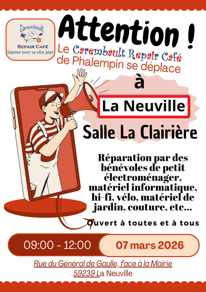 Le carembault repair café se déplace à la Neuville Salle de la clairière La Neuville Laval