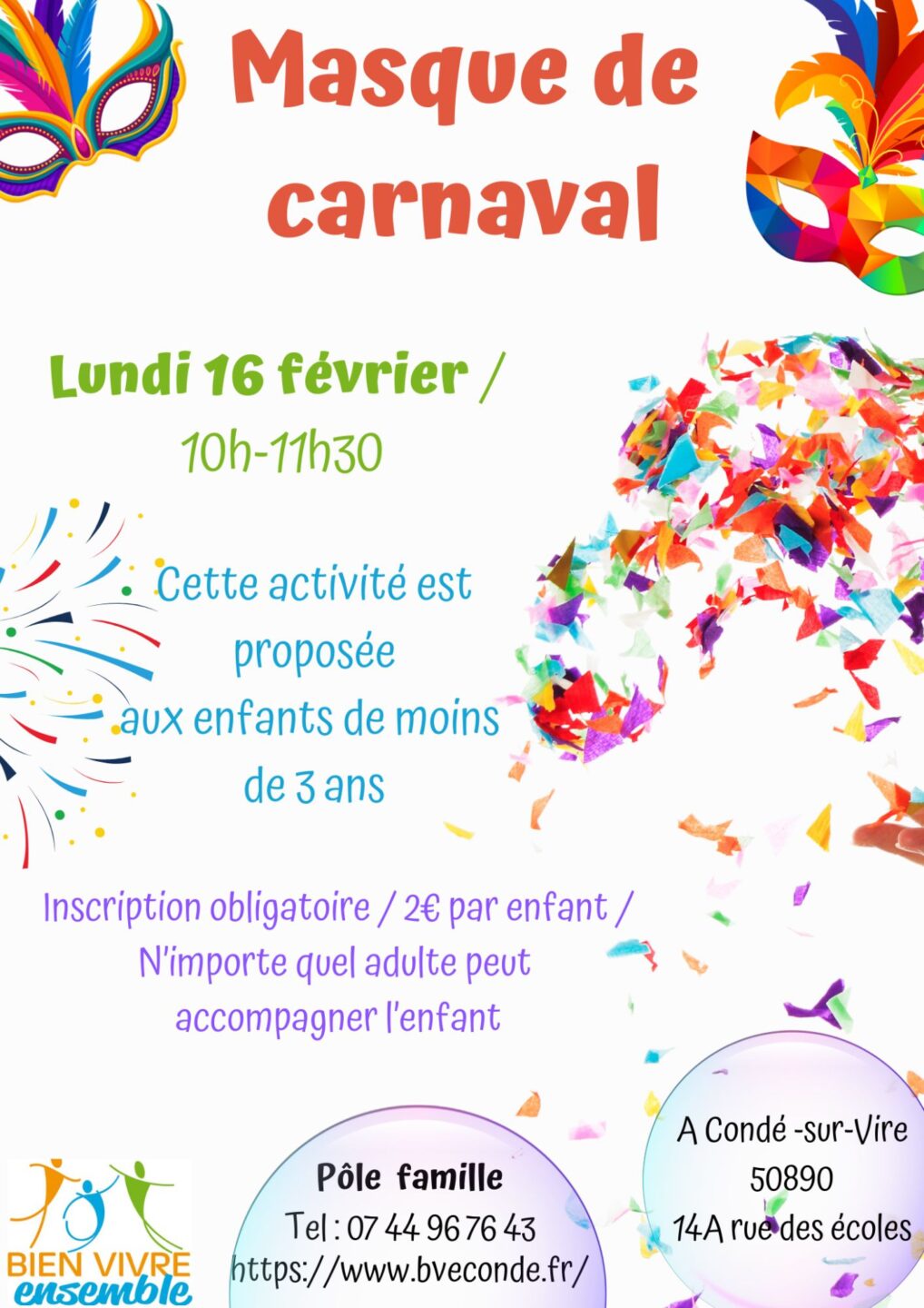 Masque de Carnaval > Vacances d’hiver 14 A Rue des Écoles Condé-sur-Vire 2026-02-16 Masque de Carnaval > Vacances d'hiver