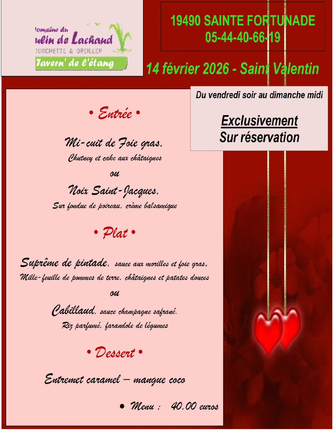 Moulin de lachaud Menu Saint Valentin