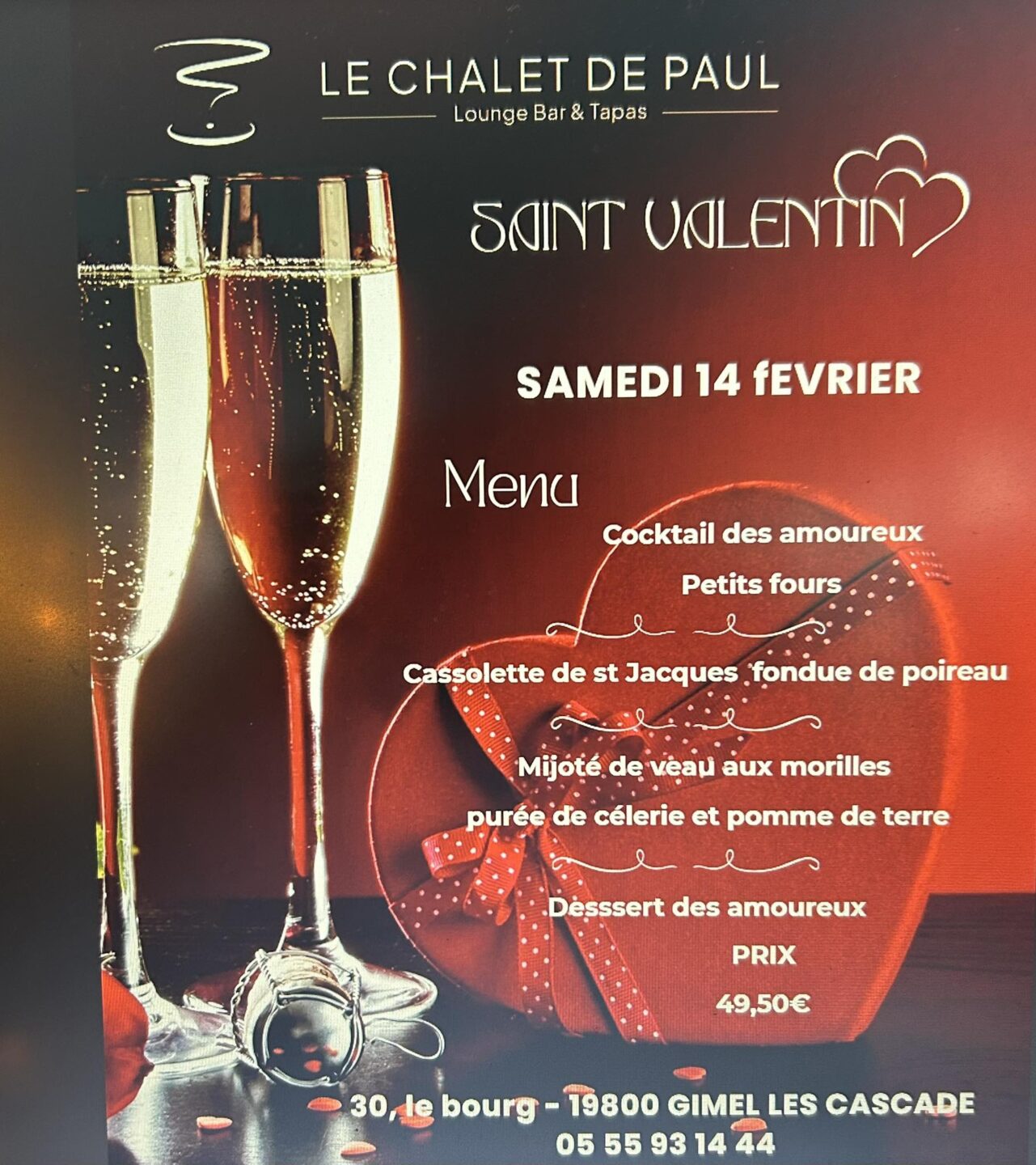 Restaurant Le Chalet de Paul Repas de la Saint Valentin