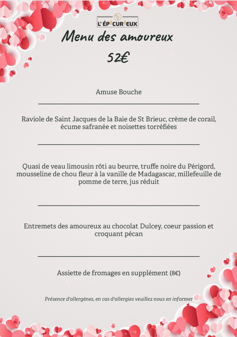 Restaurant L'Epicurieux Repas Saint Valentin
