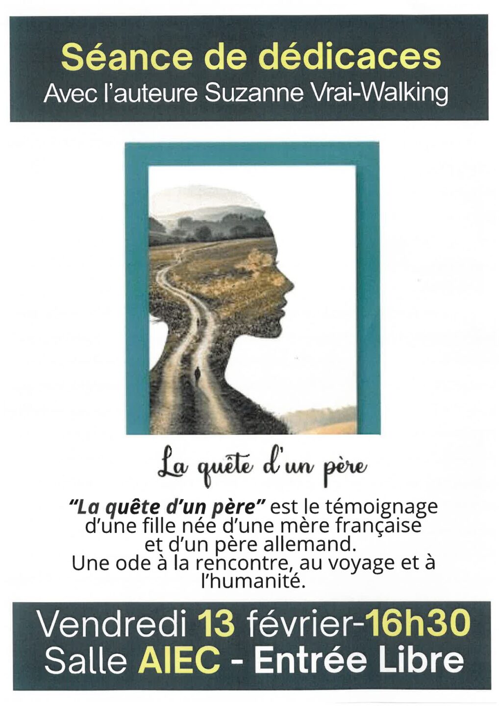 Séance de dédicaces La quête d'un père de Suzanne Vrai-Walking