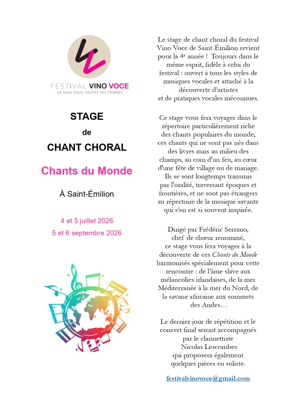 Stage de chant choral par le Festival Vino Voce Chants du Monde
