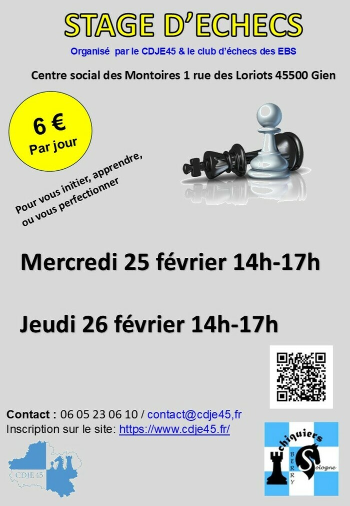 Stage d'initiation et de perfectionnement au jeu d'échecs à Gien Centre social des Montoires Gien