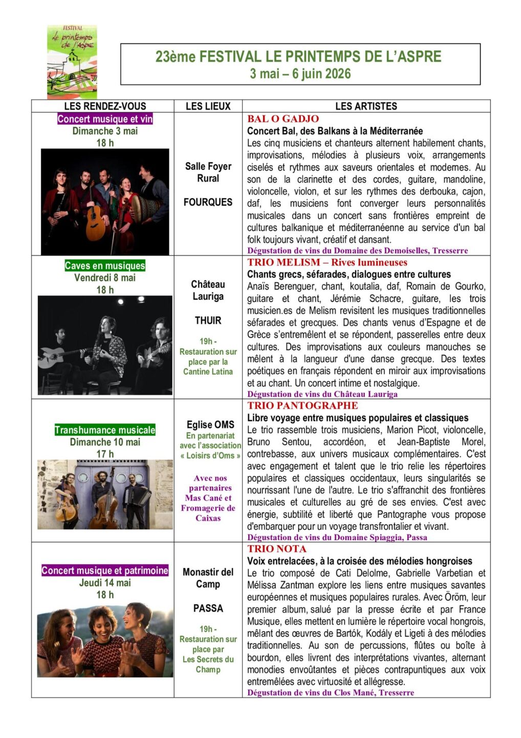 23ÈME FESTIVAL LE PRINTEMPS DE L&rsquo;ASPRE TRIO NOTA  Passa