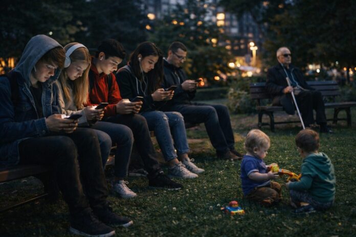 Adolescents et adultes absorbés par leurs smartphones dans un parc tandis que de jeunes enfants jouent dans l’herbe