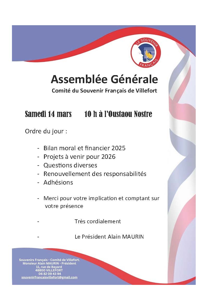 ASSEMBLÉE GÉNÉRALE DU COMITÉ DU SOUVENIR FRANÇAIS DE VILLEFORT Oustaou Nostre Villefort 2026-03-14