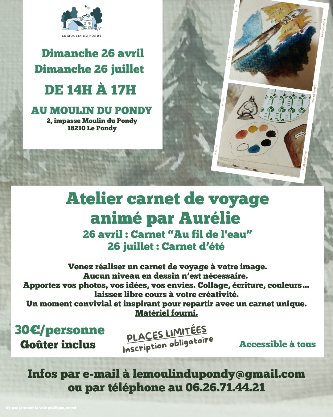 Atelier carnet de voyage au Moulin du Pondy 2 Impasse Moulin du Pondy Le Pondy 2026-07-26