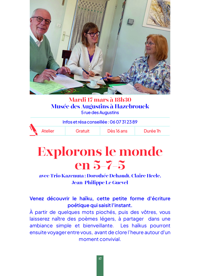 Atelier d'écriture de Haïku "Explorons le monde en 5-7-5" -- Printemps des Poètes Musée des Augustins Hazebrouck