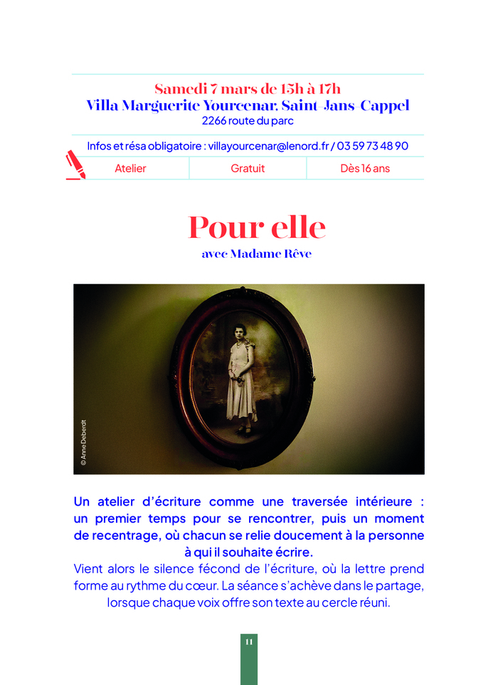 Atelier d'écriture "Pour elle" -- Printemps des Poètes Villa Marguerite Yourcenar Saint-Jans-Cappel