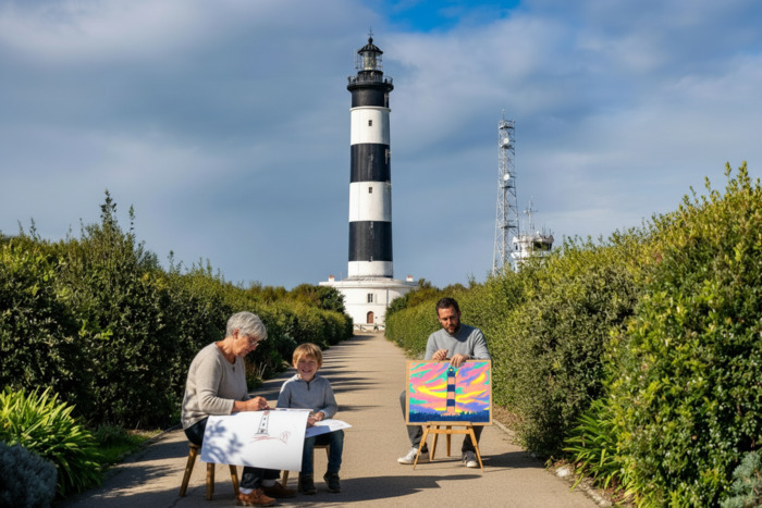 Atelier dessin coloré pastel à l'huile et encre par Natacha de Merveilles en Soi Phare de Chassiron Saint-Denis-d'Oléron